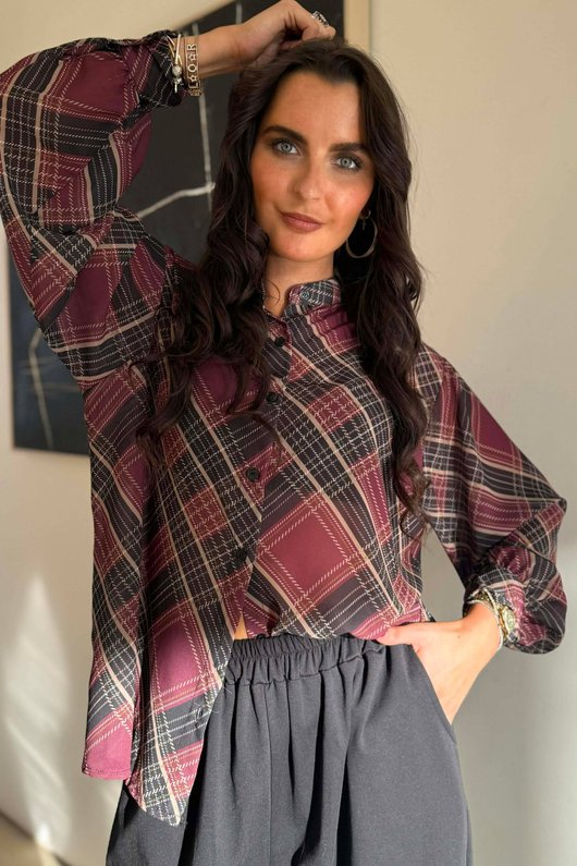 Ainsley Plaid Chiffon Blouse Burgundy /14=